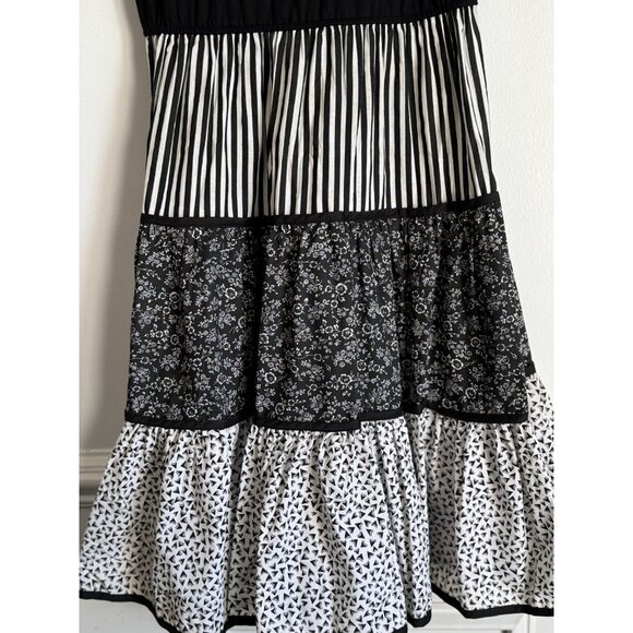 VTG PKs Closet Patchwork Fit & Flare Tiered Dress Sz 12 Black White Artsy Boho - Picture 3 of 9
